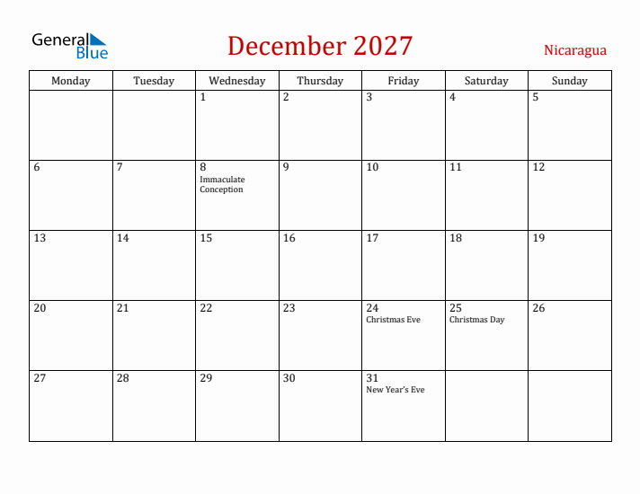 Nicaragua December 2027 Calendar - Monday Start