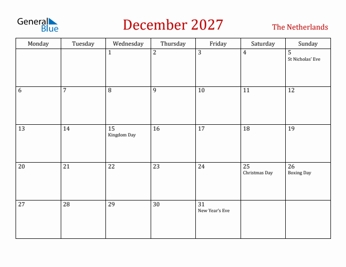 The Netherlands December 2027 Calendar - Monday Start