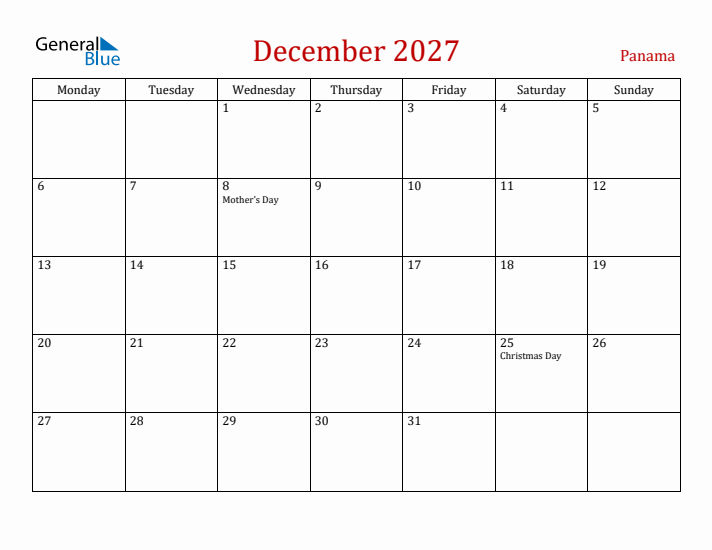 Panama December 2027 Calendar - Monday Start