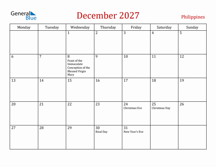 Philippines December 2027 Calendar - Monday Start
