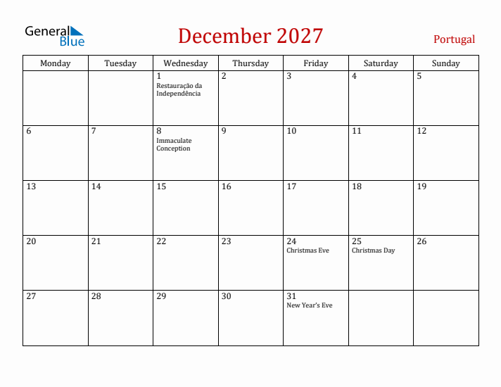 Portugal December 2027 Calendar - Monday Start