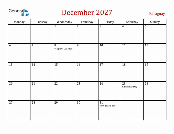 Paraguay December 2027 Calendar - Monday Start