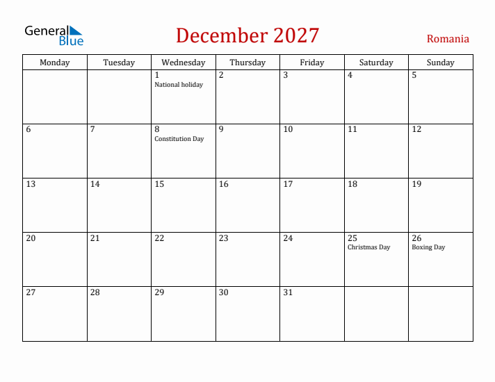 Romania December 2027 Calendar - Monday Start
