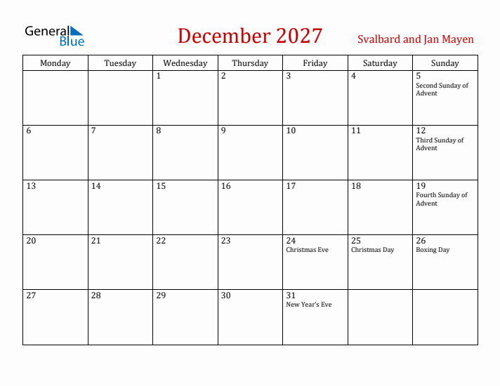 Svalbard and Jan Mayen December 2027 Calendar - Monday Start