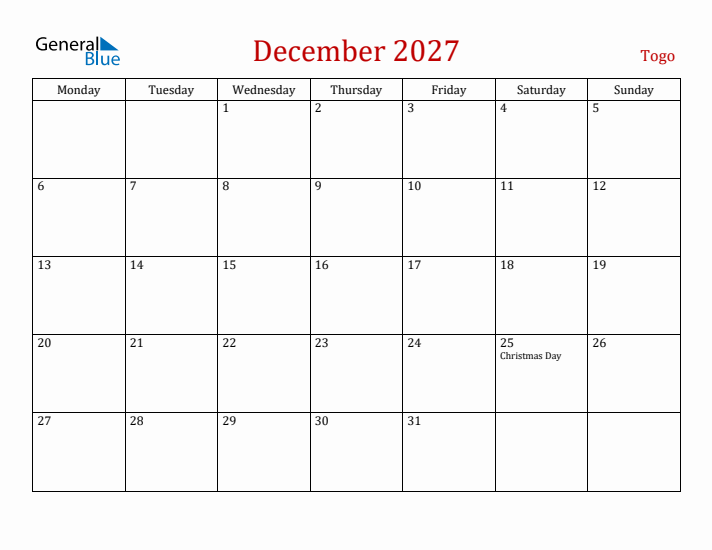 Togo December 2027 Calendar - Monday Start
