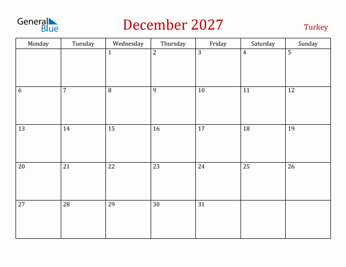 Turkey December 2027 Calendar - Monday Start