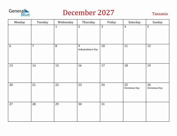 Tanzania December 2027 Calendar - Monday Start