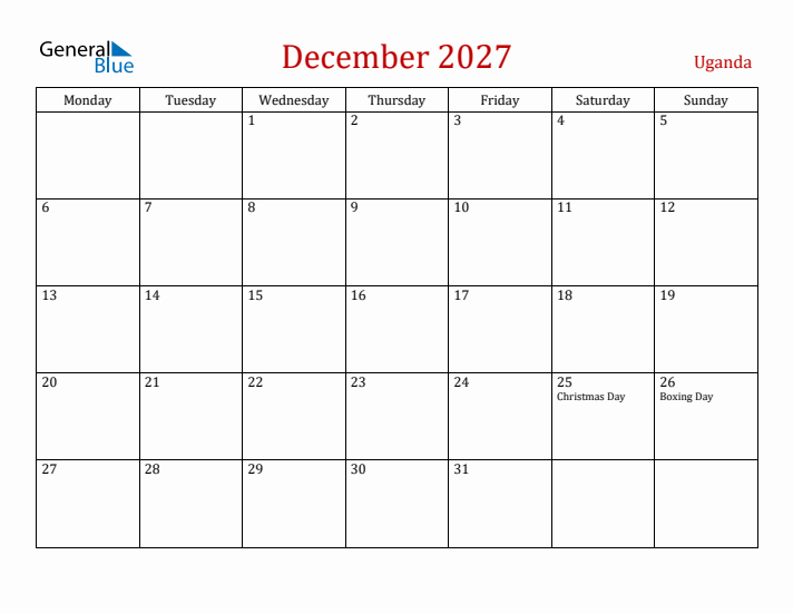 Uganda December 2027 Calendar - Monday Start