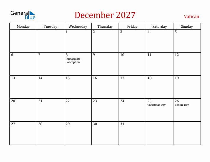 Vatican December 2027 Calendar - Monday Start