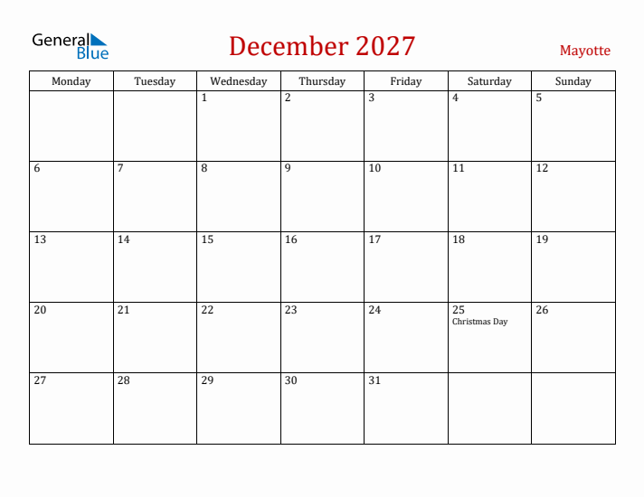 Mayotte December 2027 Calendar - Monday Start