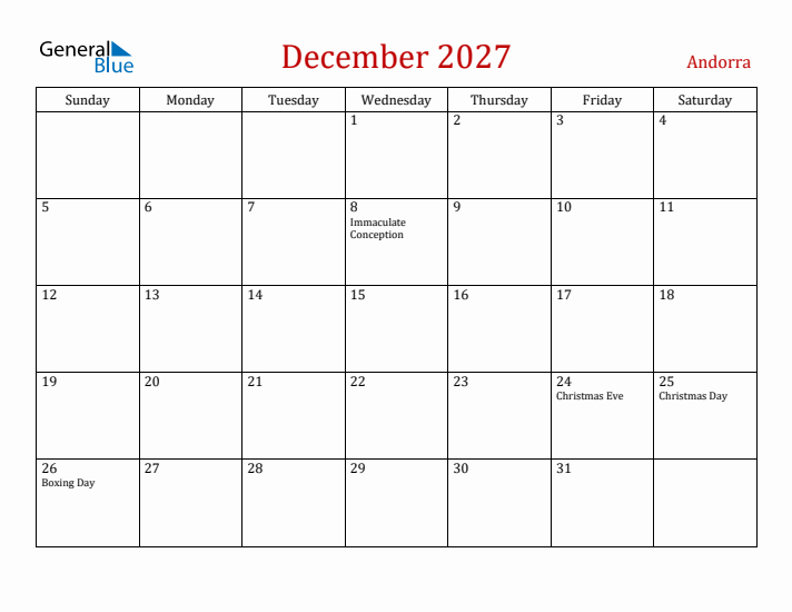 Andorra December 2027 Calendar - Sunday Start