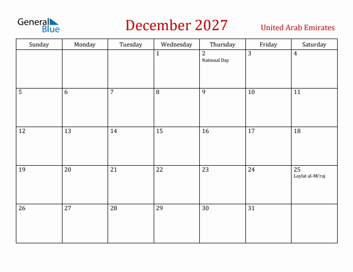United Arab Emirates December 2027 Calendar - Sunday Start