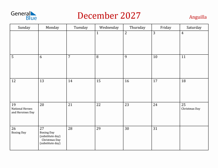 Anguilla December 2027 Calendar - Sunday Start
