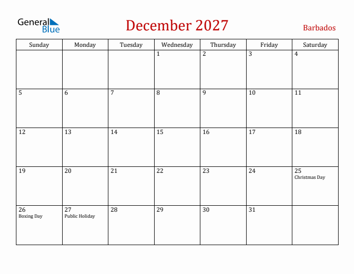 Barbados December 2027 Calendar - Sunday Start