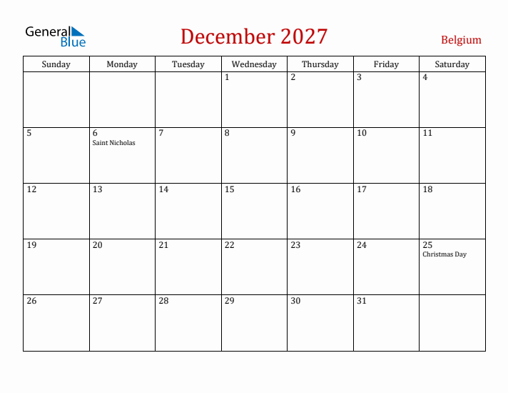 Belgium December 2027 Calendar - Sunday Start
