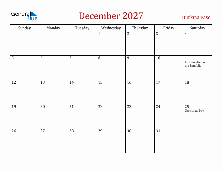 Burkina Faso December 2027 Calendar - Sunday Start