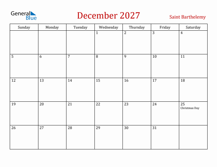 Saint Barthelemy December 2027 Calendar - Sunday Start