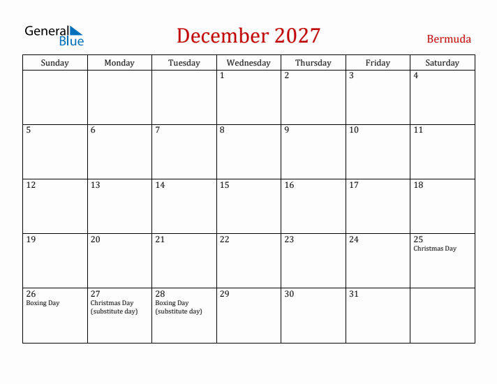 Bermuda December 2027 Calendar - Sunday Start