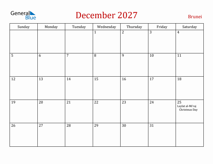 Brunei December 2027 Calendar - Sunday Start