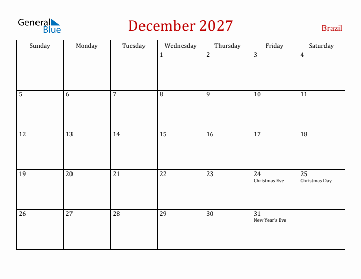 Brazil December 2027 Calendar - Sunday Start
