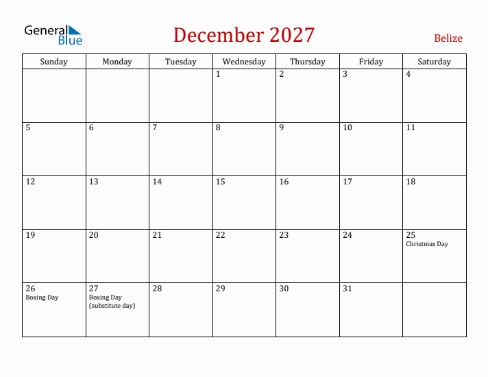 Belize December 2027 Calendar - Sunday Start