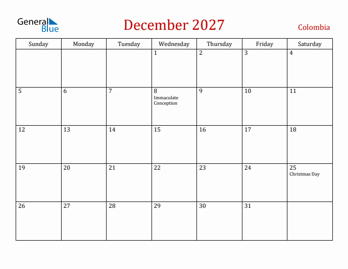 Colombia December 2027 Calendar - Sunday Start