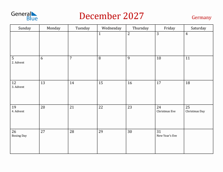 Germany December 2027 Calendar - Sunday Start