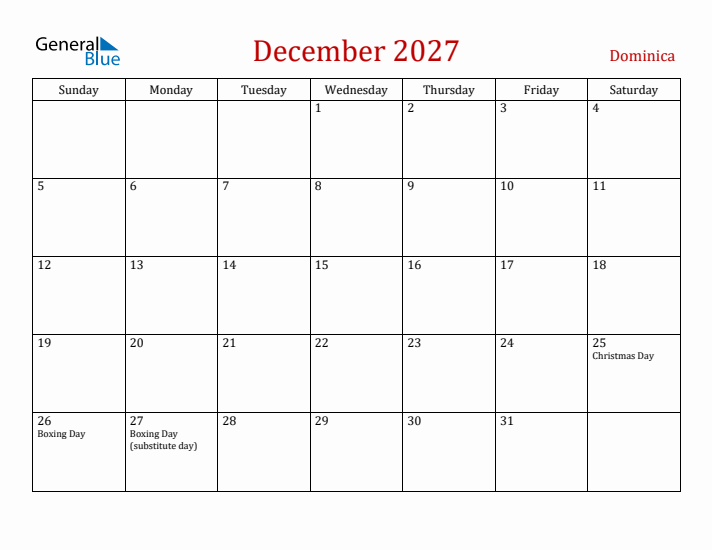 Dominica December 2027 Calendar - Sunday Start