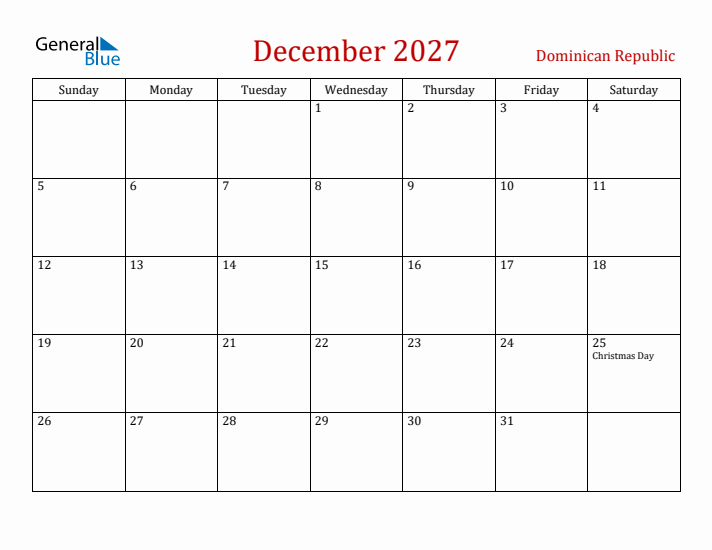 Dominican Republic December 2027 Calendar - Sunday Start