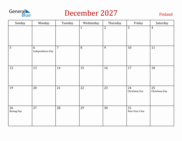 Finland December 2027 Calendar - Sunday Start