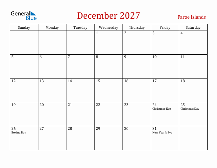 Faroe Islands December 2027 Calendar - Sunday Start