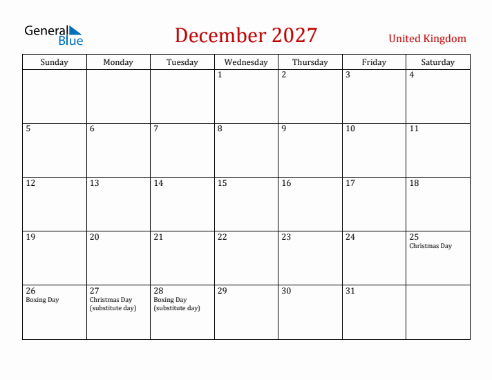United Kingdom December 2027 Calendar - Sunday Start