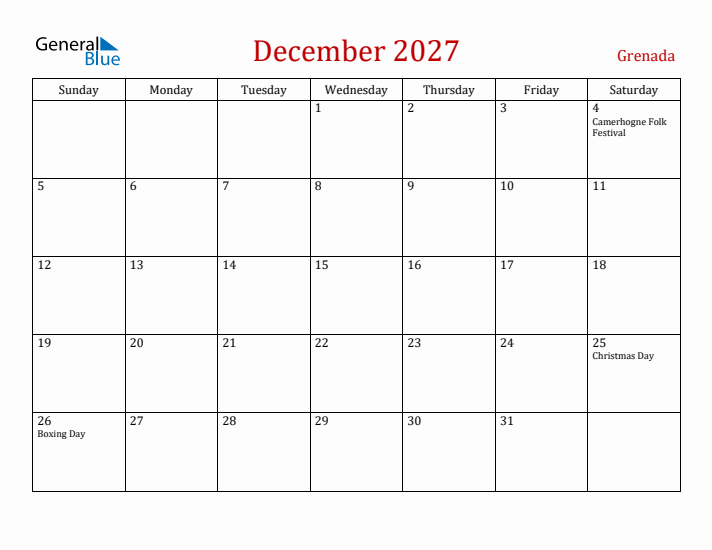 Grenada December 2027 Calendar - Sunday Start