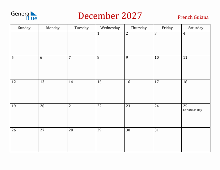 French Guiana December 2027 Calendar - Sunday Start