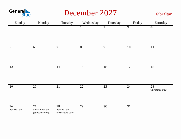Gibraltar December 2027 Calendar - Sunday Start