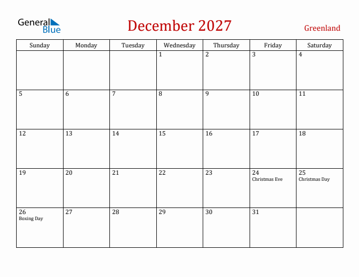 Greenland December 2027 Calendar - Sunday Start
