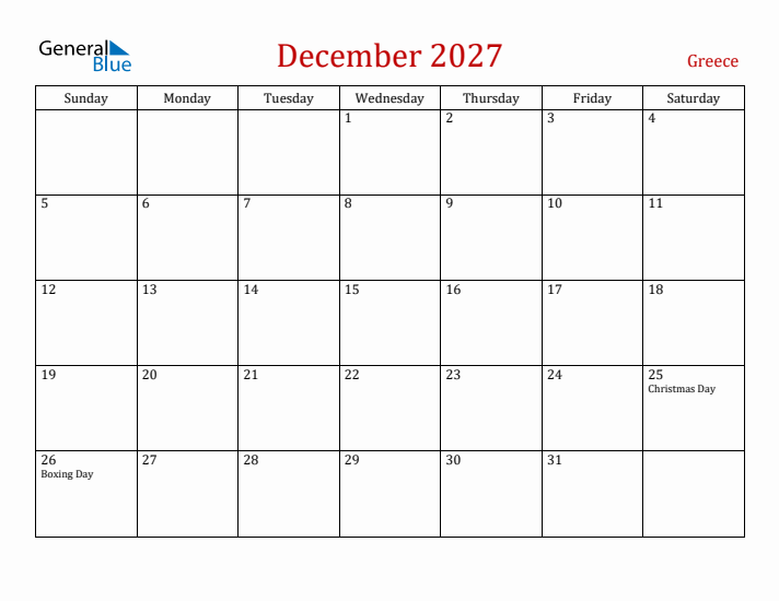 Greece December 2027 Calendar - Sunday Start