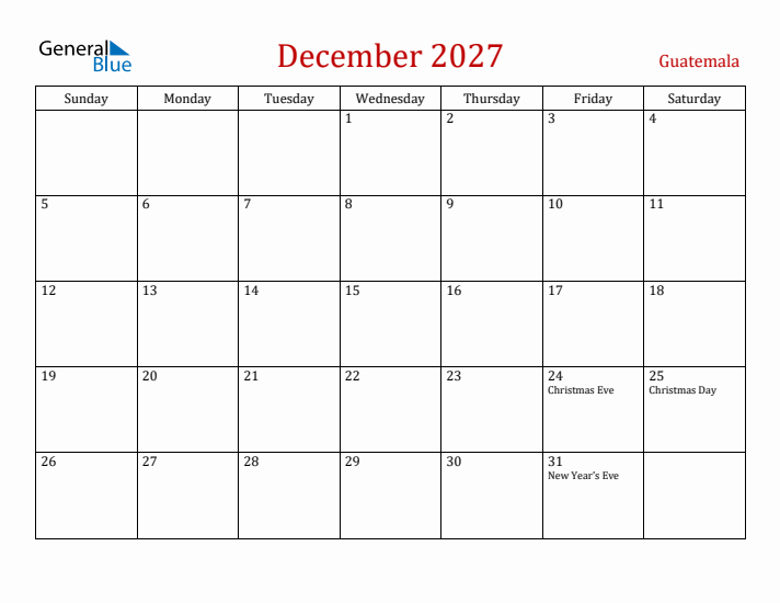 Guatemala December 2027 Calendar - Sunday Start