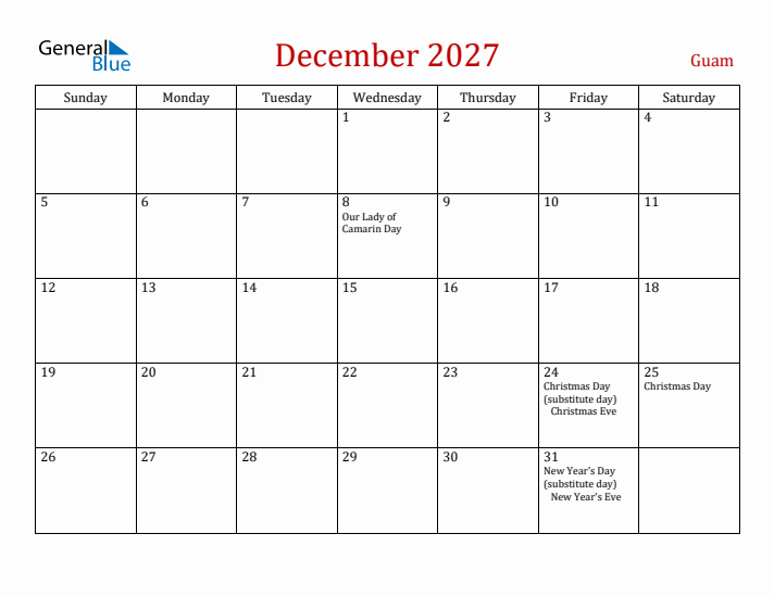 Guam December 2027 Calendar - Sunday Start