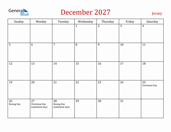 Jersey December 2027 Calendar - Sunday Start