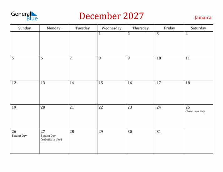Jamaica December 2027 Calendar - Sunday Start