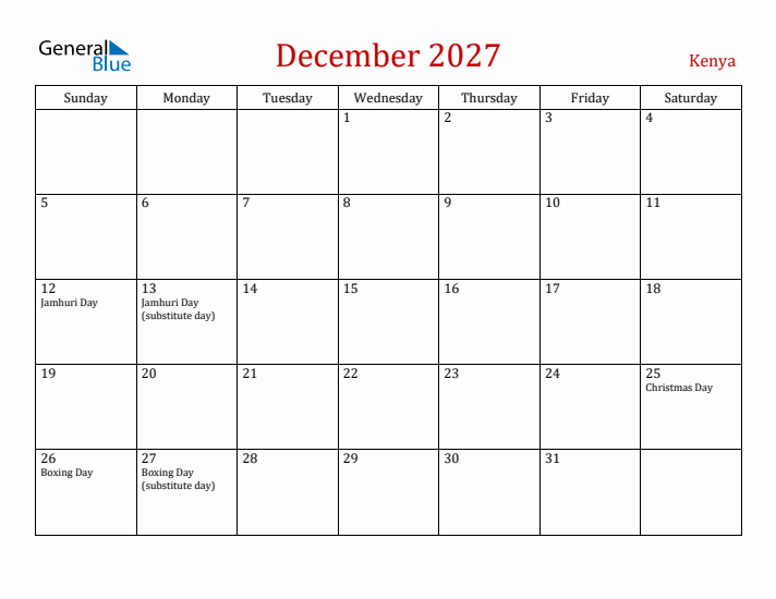 Kenya December 2027 Calendar - Sunday Start