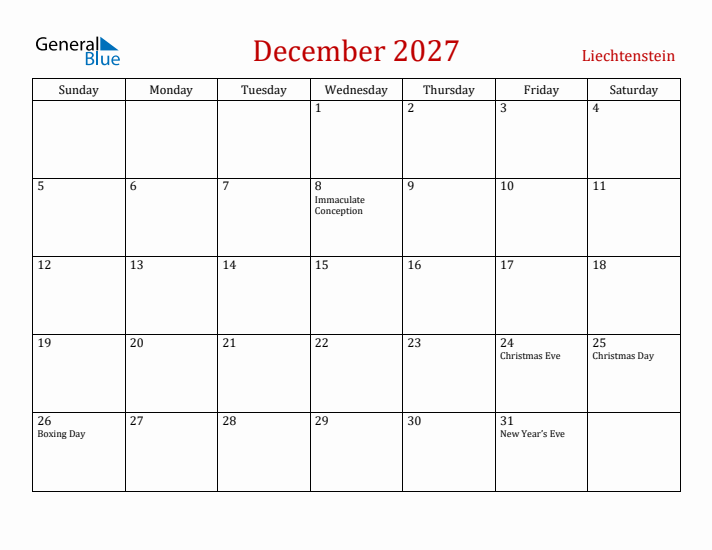 Liechtenstein December 2027 Calendar - Sunday Start