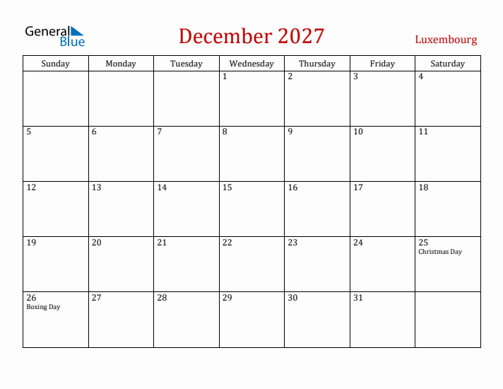 Luxembourg December 2027 Calendar - Sunday Start