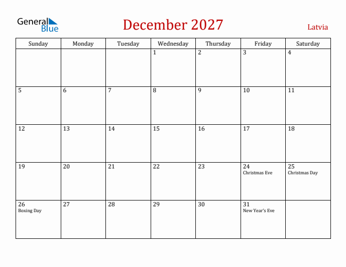Latvia December 2027 Calendar - Sunday Start