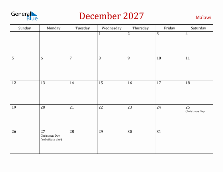 Malawi December 2027 Calendar - Sunday Start