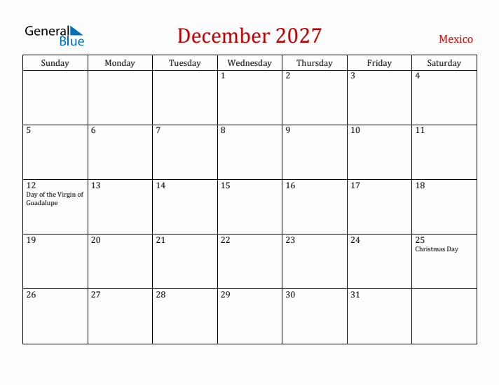 Mexico December 2027 Calendar - Sunday Start