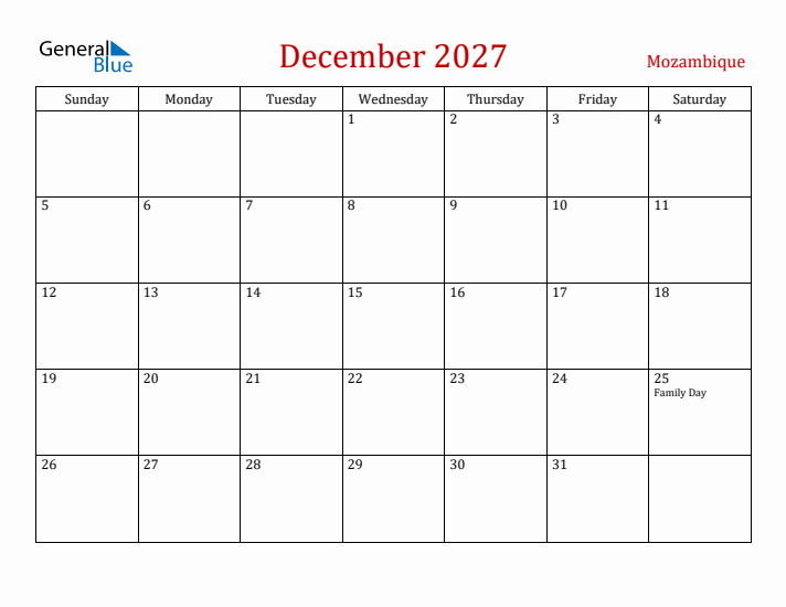Mozambique December 2027 Calendar - Sunday Start