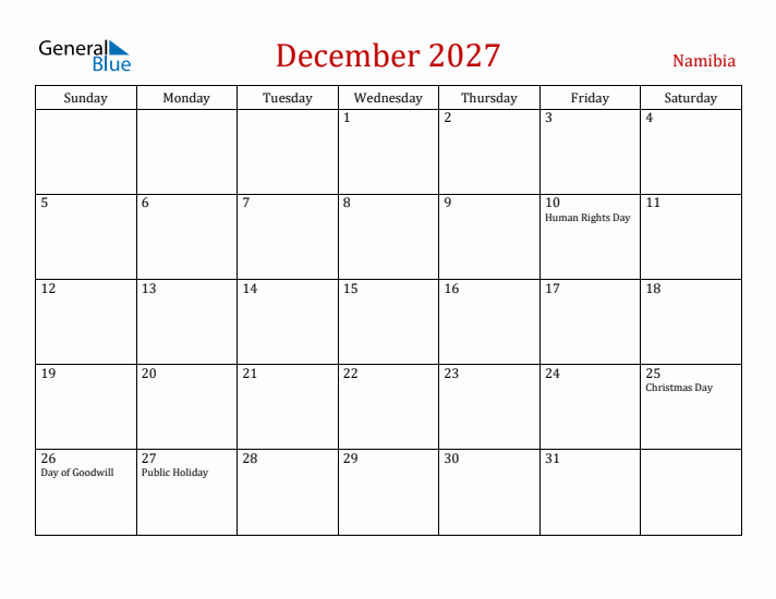 Namibia December 2027 Calendar - Sunday Start