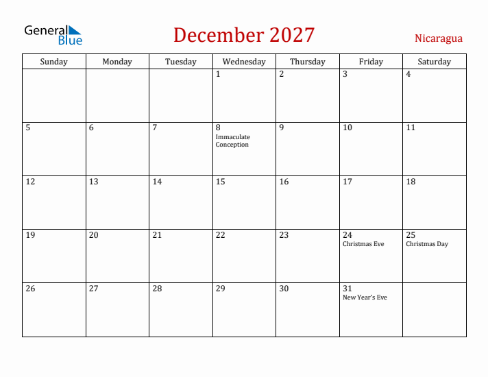 Nicaragua December 2027 Calendar - Sunday Start